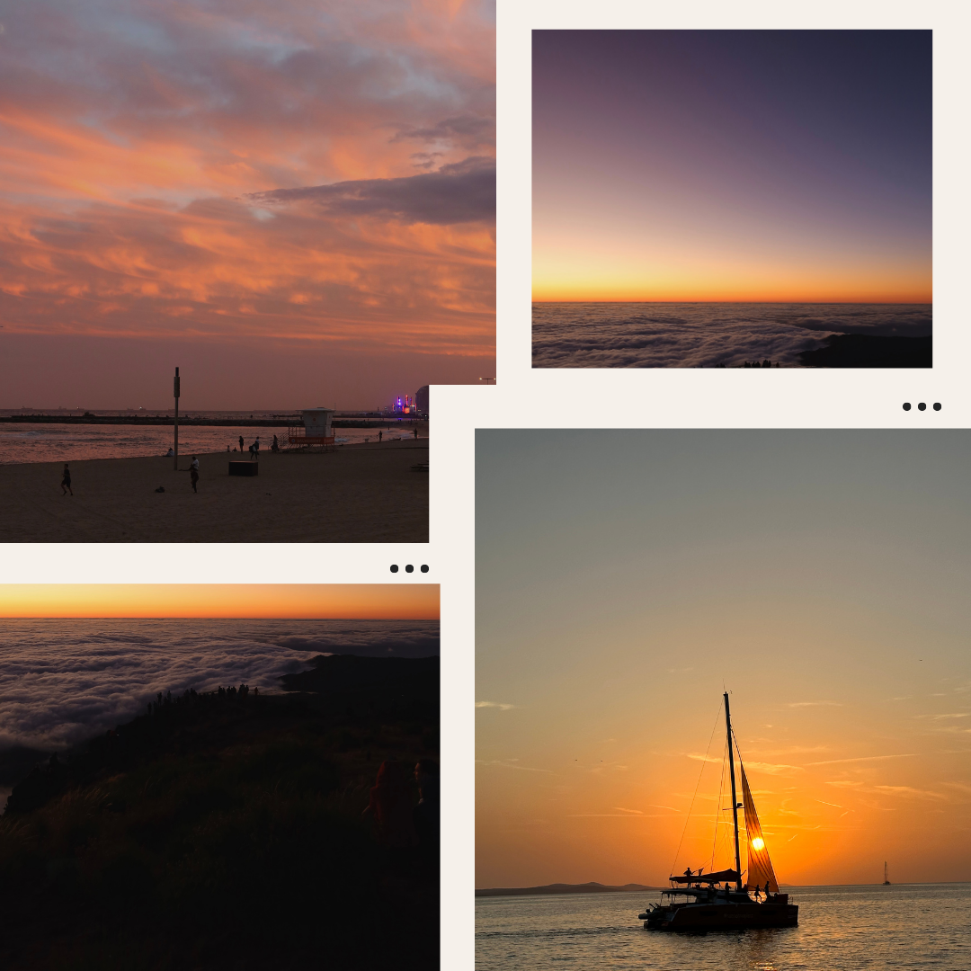 Collage of sunset and ocean scenes featuring a sailboat, vibrant beach, and cloudy horizon, showcasing serene travel moments.